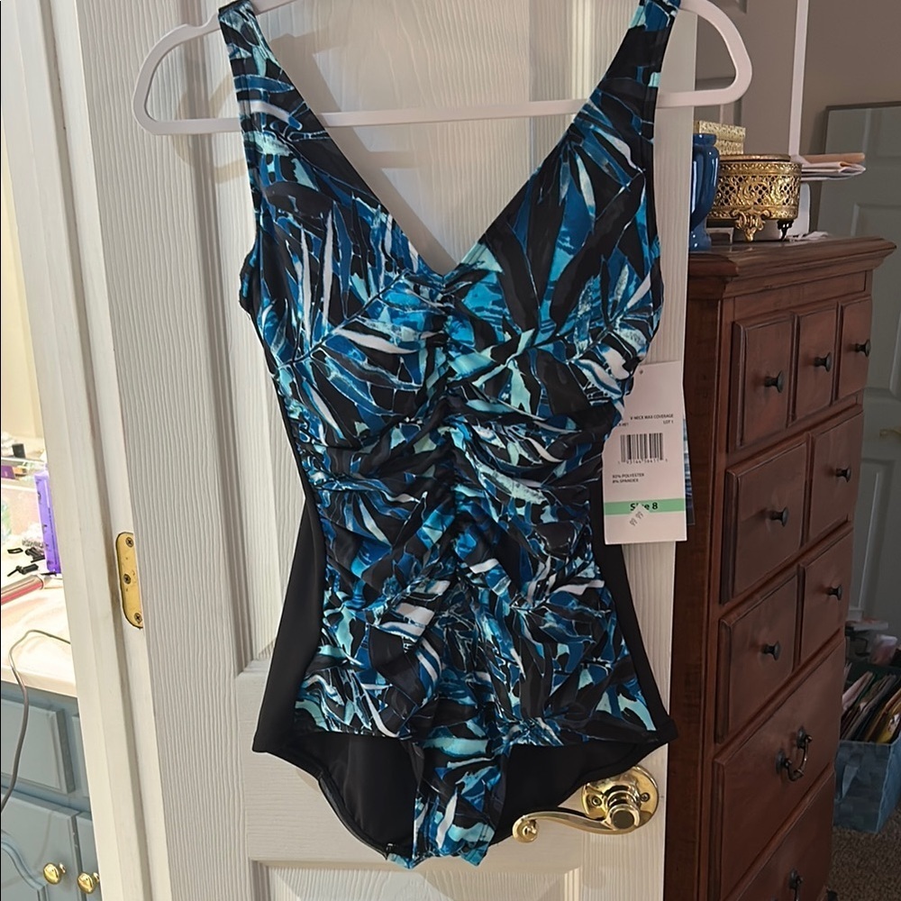 NWT Gabar Blue and Black One Piece Swimsuit V-Neck Ruching  UPF 50+ SZ 8